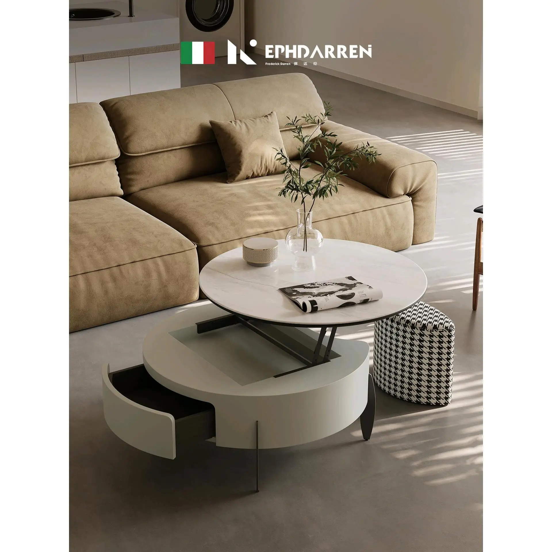 

Italian minimalist multi-functional coffee table with stool round lifting marble living room household small apartment