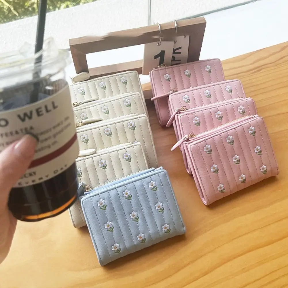 Fashion Mini Short Wallet Solid Color Zipper Coin Purse Flower PU Leather Money Bag Girl