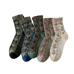 5 Pair Vintage Flower Socks Women Autumn Winter New Versatile Midle Tube Socks Japanese Fashion College Style Long Sokken