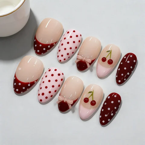 30Pcs Fake Nails Sweet Pink French Polka Dots Bows and Playful Cherries—Press-On Nails Perfect as Gifts for Girls and Friends