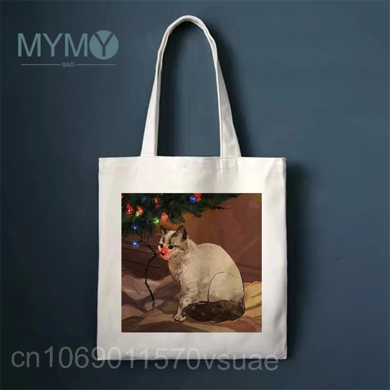 Cute Cat Women Shoulder Haruku Kawaii Shopper Shopping Bag Ladies Reusable Large Capacity White Handbag Casual Tote Bags