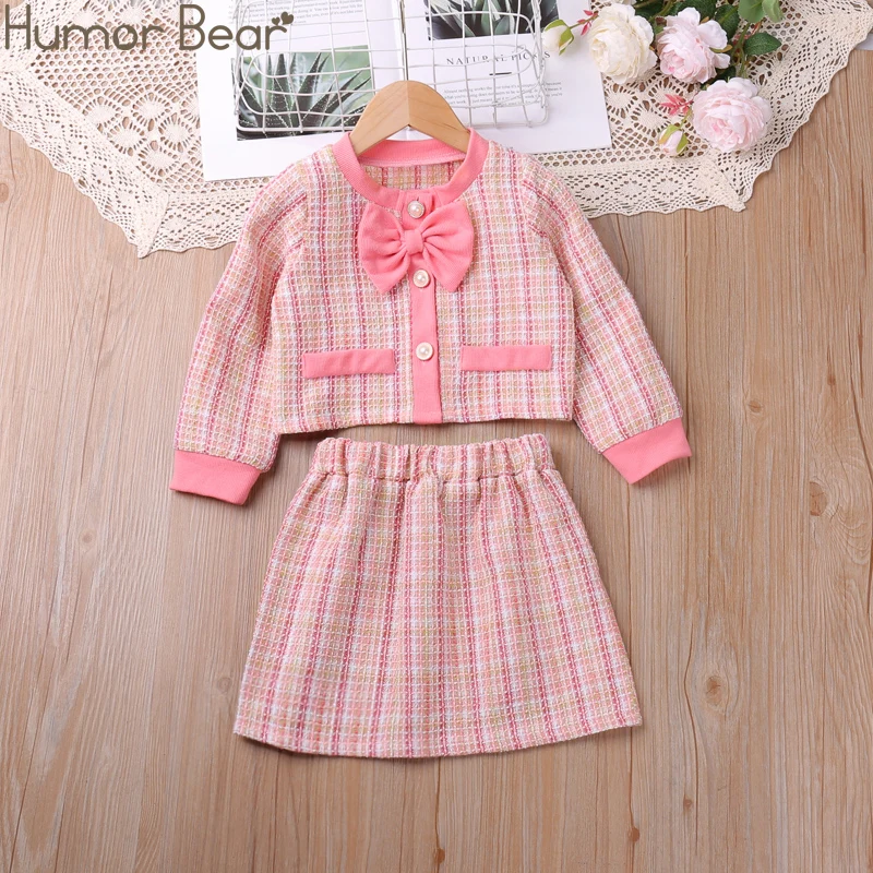 Humor Bear Girls\' New Temperament Bow Tie Plaid Single breasted Sweet Princess Set Skirt Vestidos Casual Outfit 2-6Y