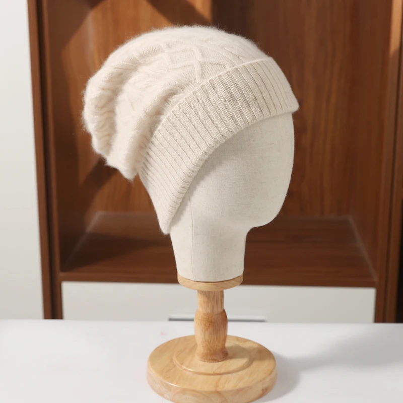 100%Pure Wool Women\'s Winter Hat Warm Soft Woollen Caps Knitted Bonnet y2k Rhombus Beanies For Lady Skullies Cap Turbans