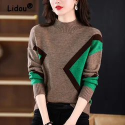 Autumn Winter Korean Retro Contrast Color Elegant Half High Collar Loose Warm Knitted Sweater Casual Pullover Basic Tops Jumpers