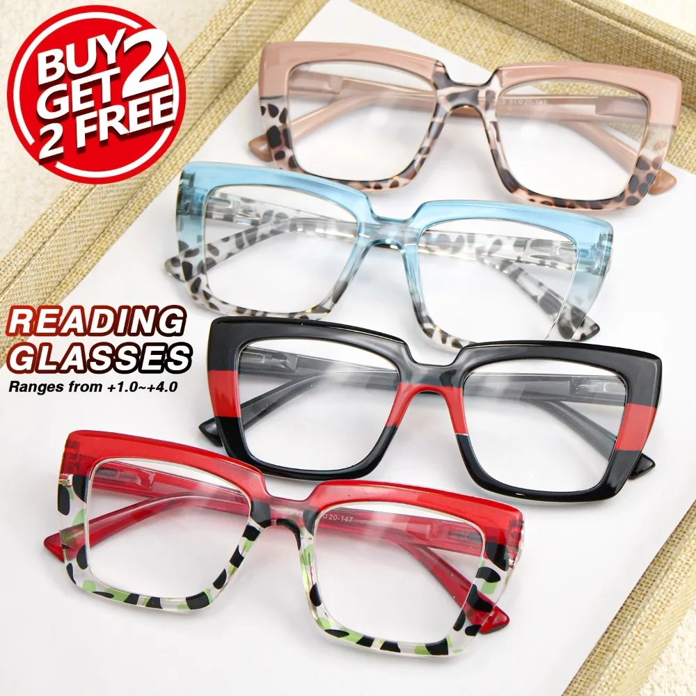 4pcs Fashionable Large Frame Glasses Set for Women, Fashionable Colorful Leopard Print Patchwork and Classic Black Combination Glasses, Meet All Kinds of Daily Trends with Spring Temples To Wear More Comfortable Glasses
