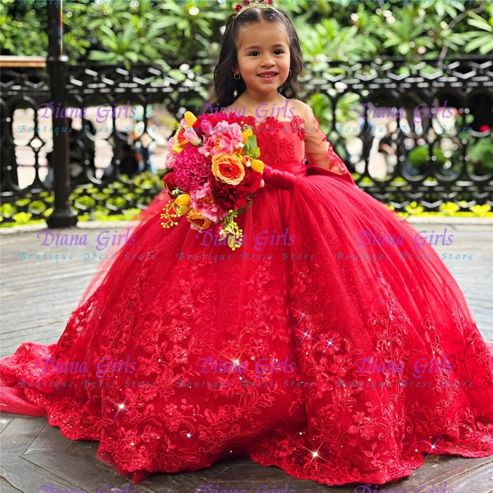 Quality Lovely Red Flower Girl Dress Tulle Fluffy Applique for Wedding Little Princess Kids Birthday Party Evening Ball Gowns