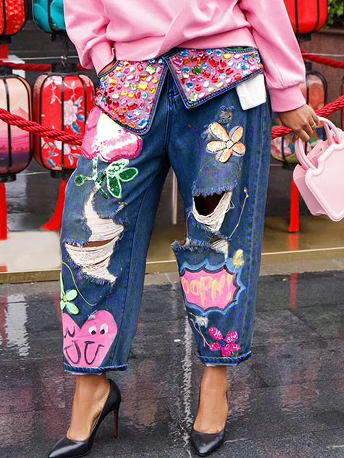 Chic Women Spring Floral Embroidery Diamonds Beaded Holes Denim Pants High Waist Loose Rhinestones Jeans Cowboy Broken Trousers