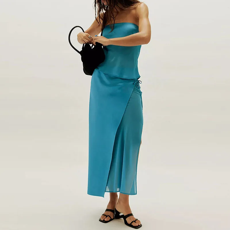 

Women Sexy Sleeveless Solid Long Skirt 2Pc Suit Fashion Backless Slim Party Skirt Set Elegant Strapless Crop Top & Skirt Outfit