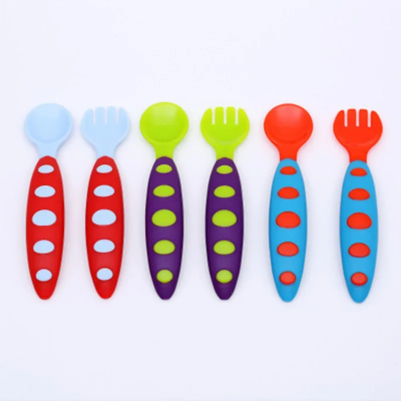 Baby Tableware Baby Specific Two-color Spoon Fork Cartoon Color Round Head Complementary Food Tableware Baby Items Feeding