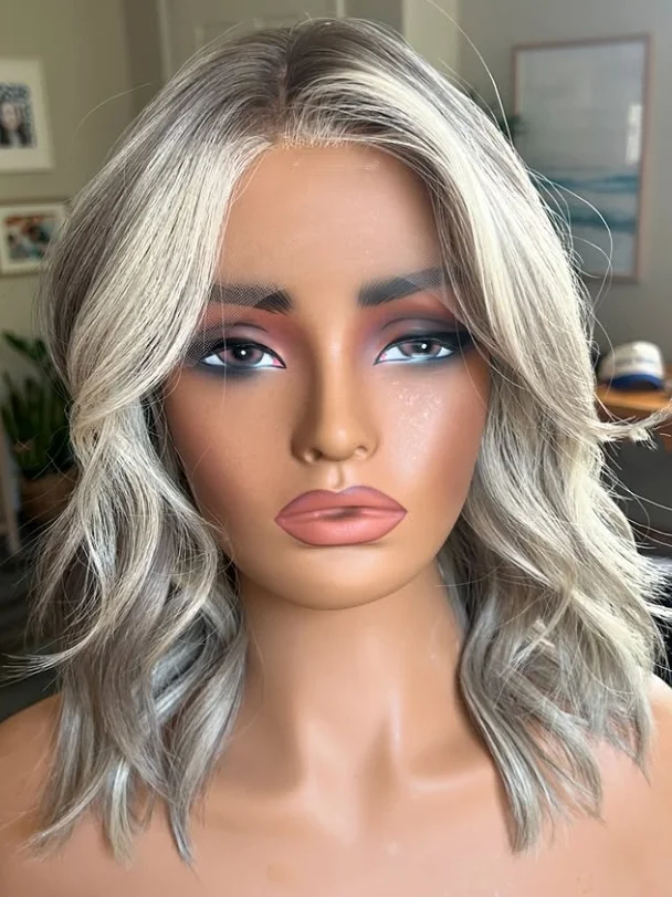 لينة الرماد الداكن خطوط الباروكات شعر مستعار قصير متموج أومبير الرماد أبرز الجزء الأوسط قطع h.d الدانتيل شعر مستعار أمامي شعر فاخر شعر مستعار طبيعي #2