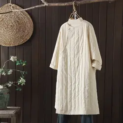 Light Chinese Syle Cotton Padded Cheongsam Slanted Collar Thickened Pressed Stripps Buttoned Robe Cotton Linen Winter Dress A013