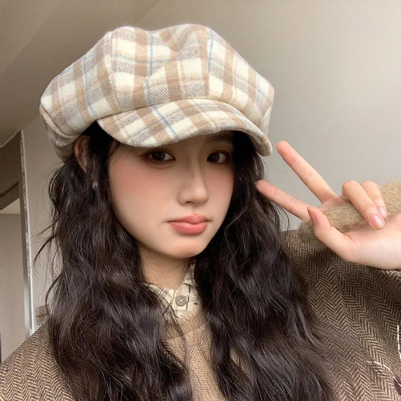 Ins New Fashion Color Matching Plaid Wool Berets Cap for Women Show Face Small Winter Casual Warmth Versatile Retro Newsboy Hat