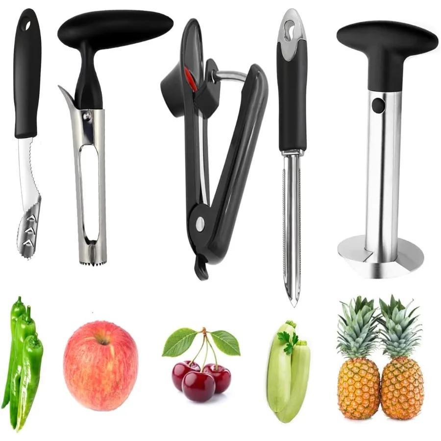 

5piece Set of Kitchen Gadget Tools for Apple Core Removal Pineapple Coring and Slicing Cherry and Olive Pitting Jalapeno Pepper