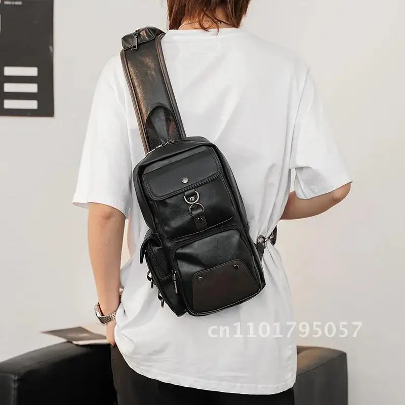 Fahsion Men's Chest Bag Retro Small Crossbody Bag phone Korean Style Casual Men's PU Commuter Shoulder Bag Travel