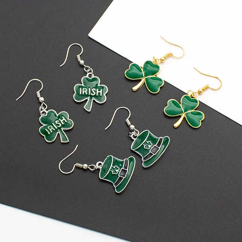 

Europe And The United States New Lrish Section Alloy Dripping Oil Green Women's Earrings Hat Clover Accessories Ear Hook