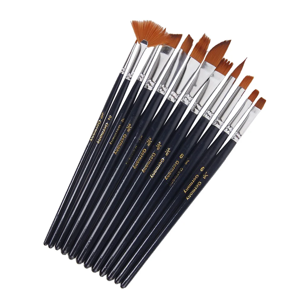 

12Pcs Nylon Hair Paint Brush Set Various Sizes Short Wooden Handles Double Crimped Ferrules Artist Watercolor Acrylic Oil