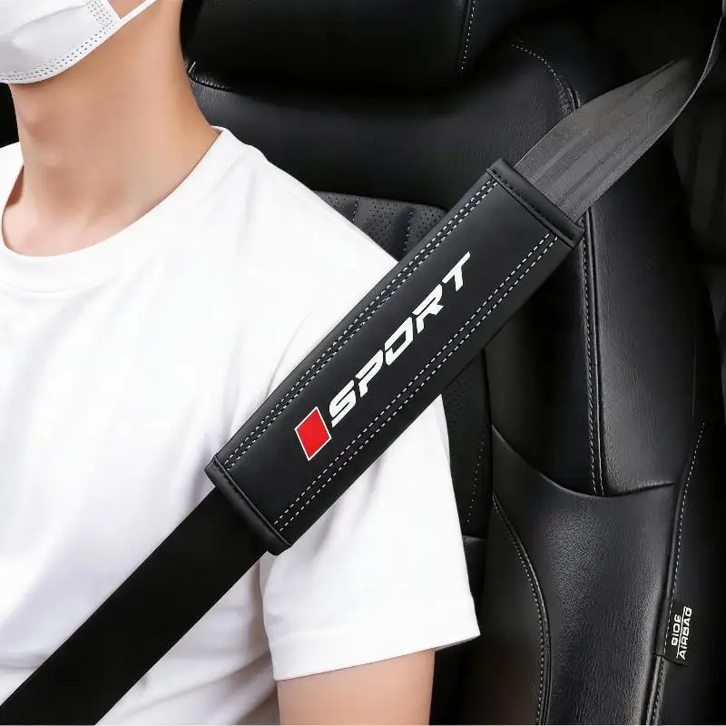[S]PU Leather Car Seat Belt Shoulder Pad Soft Comfortable Cushion Sport Logo Print For Daily Driving Long Trips Fits Most Cars