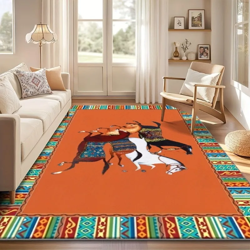 대형 논슬립 매트, 거실 침실 장식용, 화사한 오렌지색과 흑백 말 디자인, 사무실 바닥 홈데코
