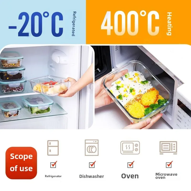 Lunch Box Microwave Oven Can Be Heated Office Workers with Lid Divider Bento Box Refrigerator Storage Transparent Glass Crisper