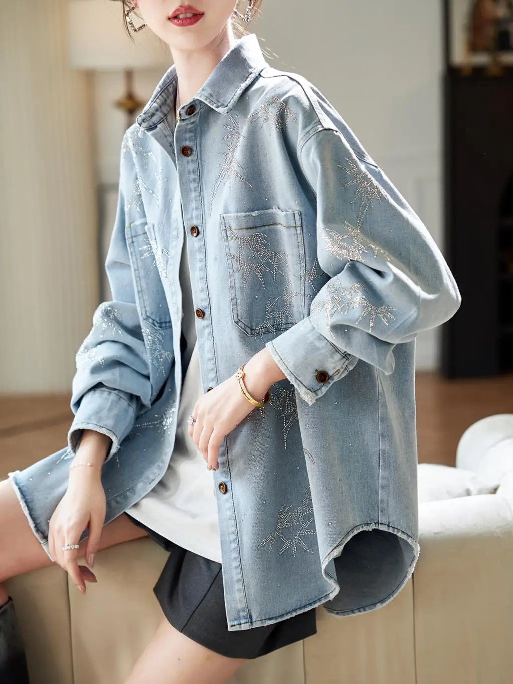 2024 Women's Clothing Casual lapel hot diamond loose denim jacket Spring Summer New No.47