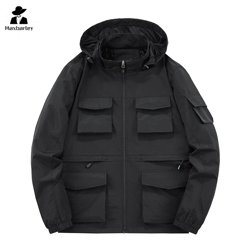 Workwear Jacket Men's Spring and Autumn Casual Thin Multi-pocket Hooded Windbreaker Outdoor Waterproof plus size Sports Jacket