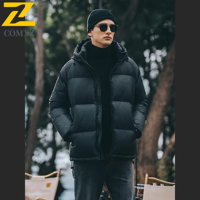 COMXZ Men's Down Jacket 2025 Solid Color Cold-Resistant Casual Sporty Skiing Parker Coat Urban Hooded Comfortable Padding Coat