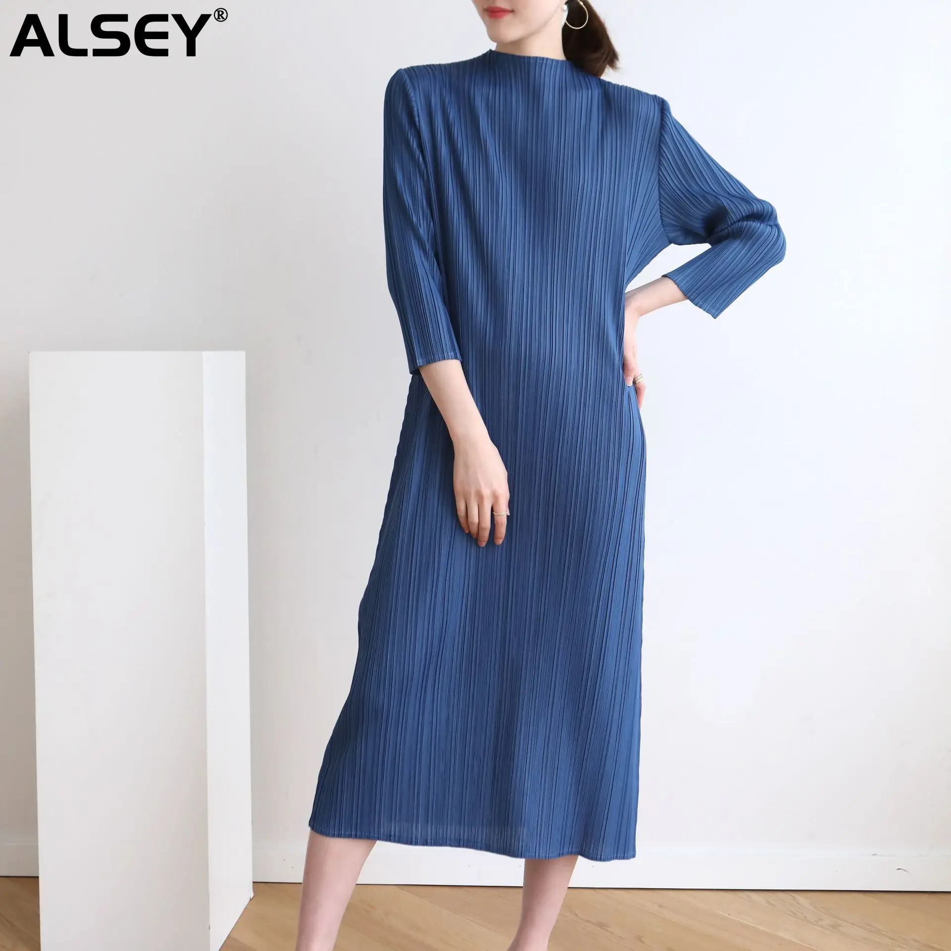 

Женское свободное платье ALSEY Miyake, однотонное облегающее платье с длинным рукавом и высоким воротом, осень-весна-лето