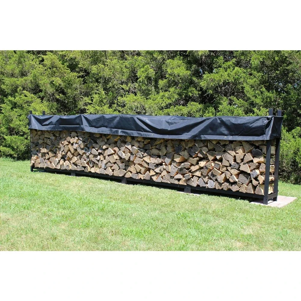 16 Foot Black Large Outdoor Firewood Rack With Seasoning Cover - 1 Cord Fire Log Holder - Powder Coated Steel Firewood Holder