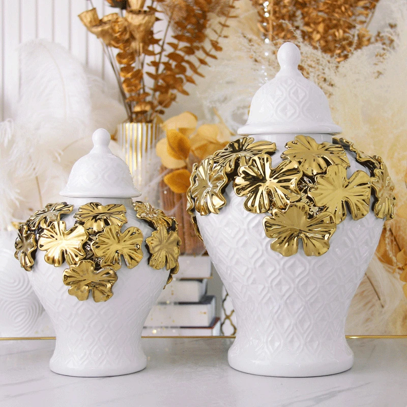 

Ceramic Checkmate Jar Argyle Ginger Jar Embossed Gold Petal Storage Tank Flower Vase Home Decoration Accessories