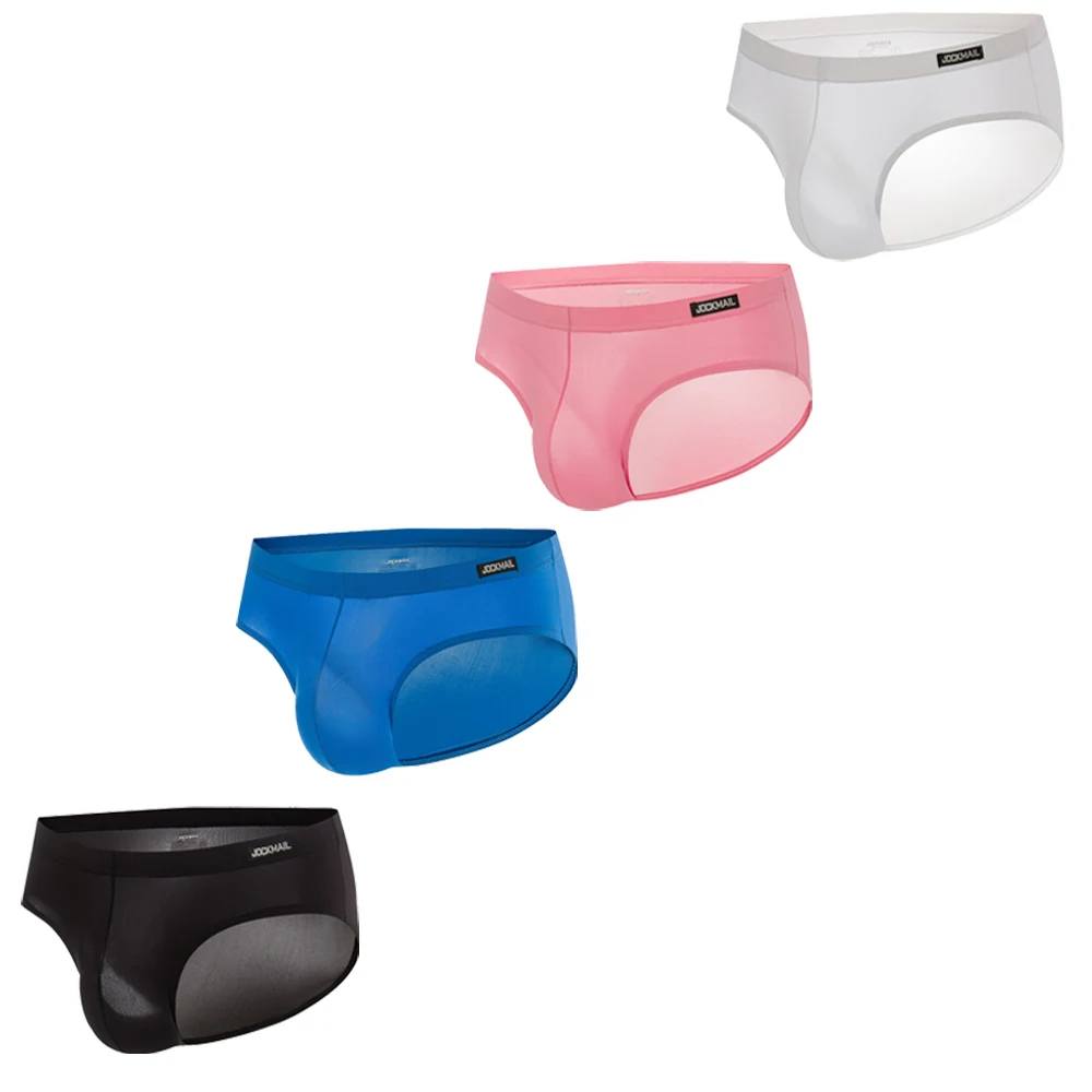 Jockmail Mens Underwear with Large Pockets and Protruding Briefs Ice Silk Semi Transparent Sissy Panties Smooth Sexy Lingerie