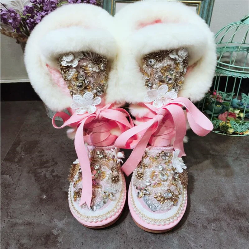 Pink custom high tube lace-up natural rabbit hair snow boots Rhine diamond women\'s fur one large size cotton shoes 35-44