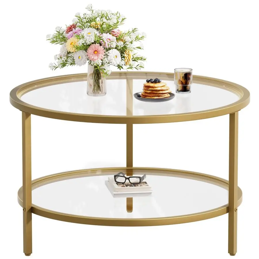 

Round Glass Coffee Table 2 Tier Coffee Tables with Storage Shelf for Large or Small Space Modern Simple Center Table with Gold F