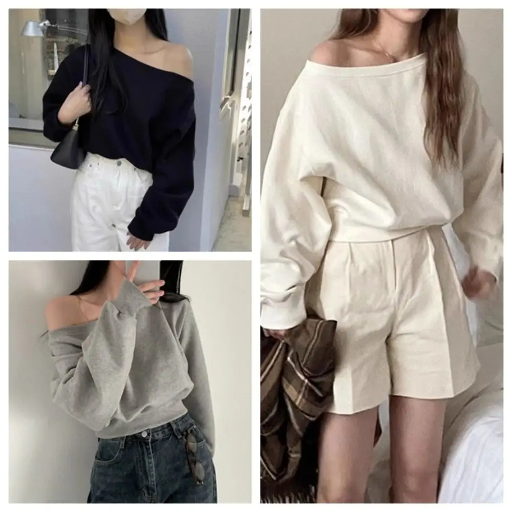Elegancka koszulka retro z długim rękawem, luźna, codzienna bluzka z odkrytymi ramionami, jednolita, stylowa jesienna bluza z kapturem, krótki top, odzież uliczna.