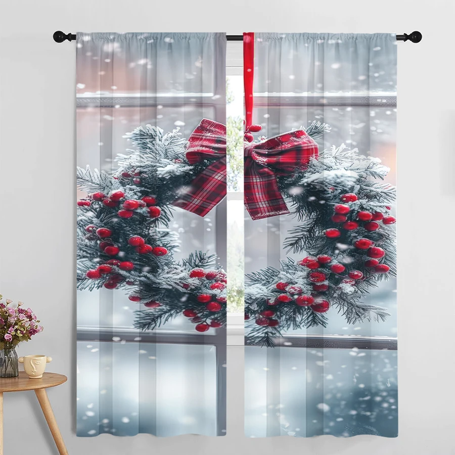 2PCS Digital Print Curtains, Christmas Wreath Pine Branches Red Berries Plaid Bow on Window Snow, Realistic Photo Style - Christ