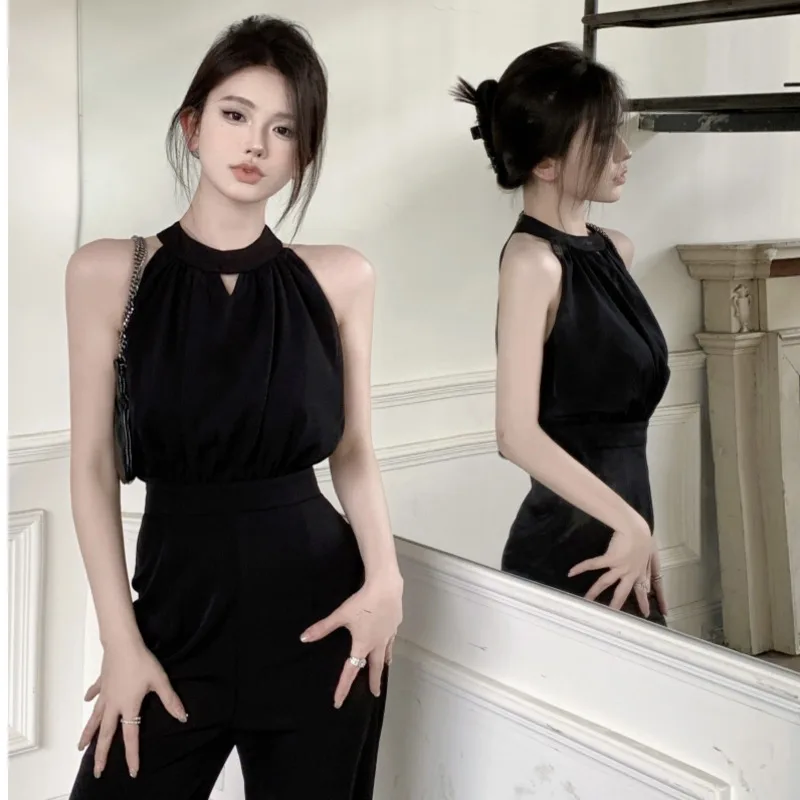 Body Suits Voor Vrouwen Romper 2024 Zomer Nieuwe Stijl Effen Kleur Hangende Nek Off Shoulder Hoge Taille Slanke Jumpsuits Wijde Pijpen Broek