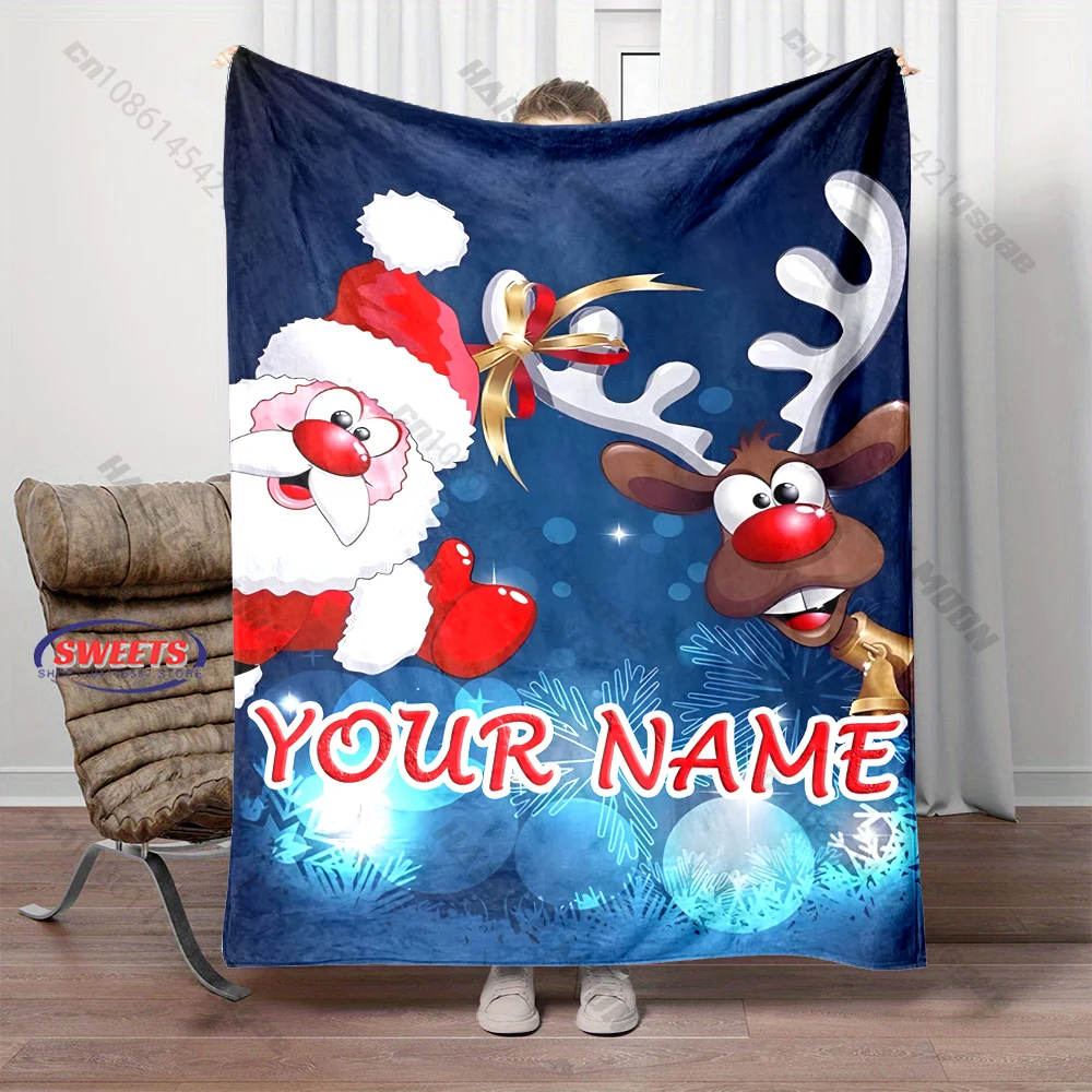 Custom Name Cartoon Santa Red Nose Reindeer Blanket Snowflake Background Flannel Throw Blanket Winter Sofa Christmas Decor Gift