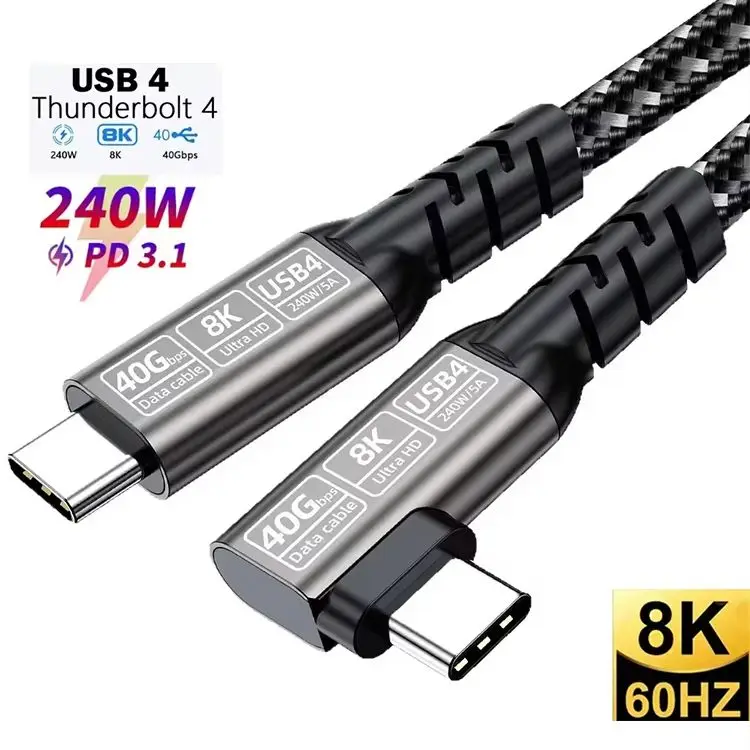 Cable USB4 Thunderbolt 4 con Conector en Ángulo de 90 Grados, 240W PD 3.1, 40Gbps, 8K 60Hz, Tipo C, Carga Rápida y Transferencia de Datos para MacBook Mac Pro