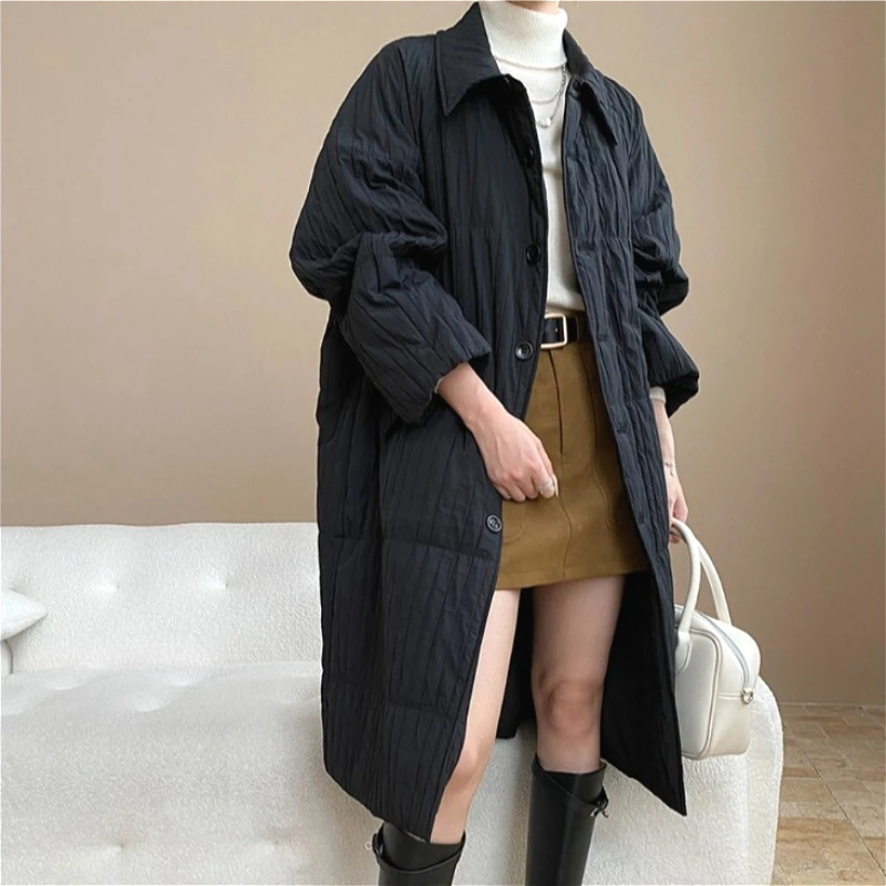 

Women Coats Solid Long Jackets Pleated Pocket Turn Down Collar Long Sleeve Single Breasted Loose Fit Casual 2025 Autumn Winter