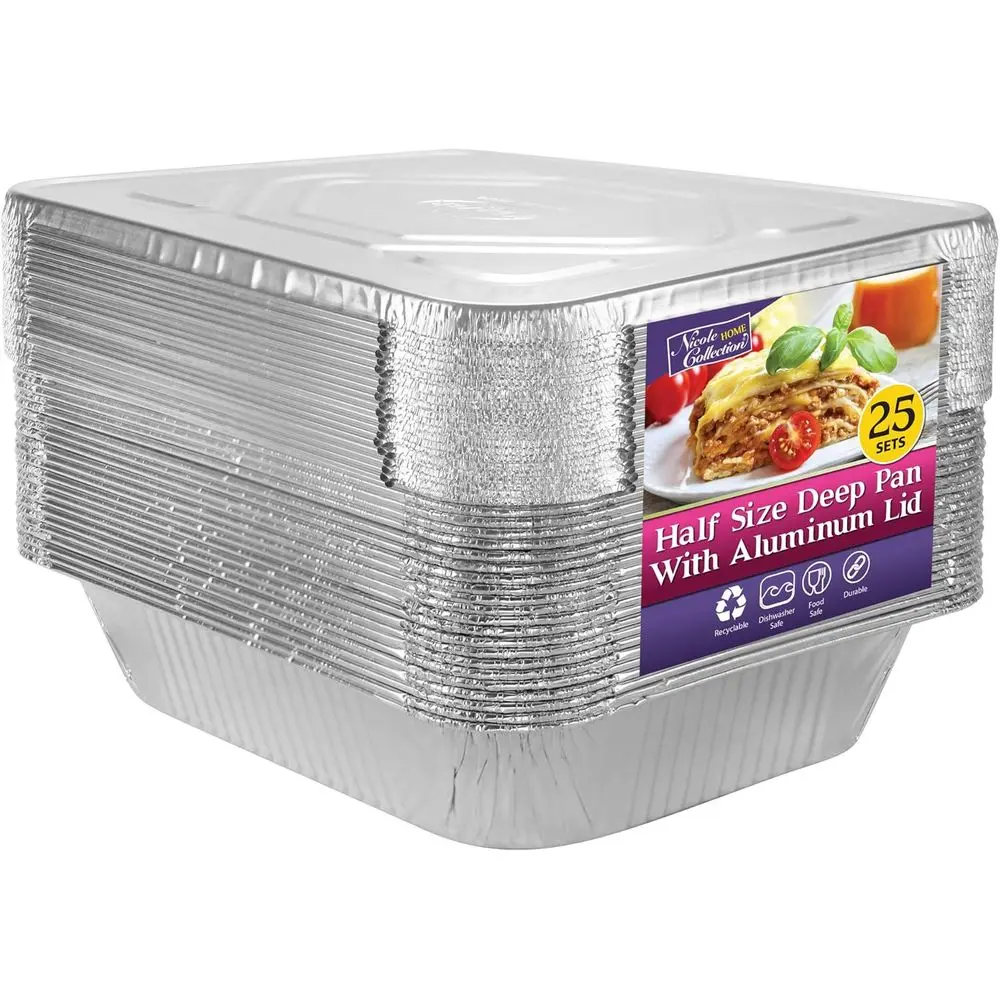 

Half-Size Aluminum Foil Pans with Lids, 9x13, Heavy-Duty Disposable, 25-Pack for Baking