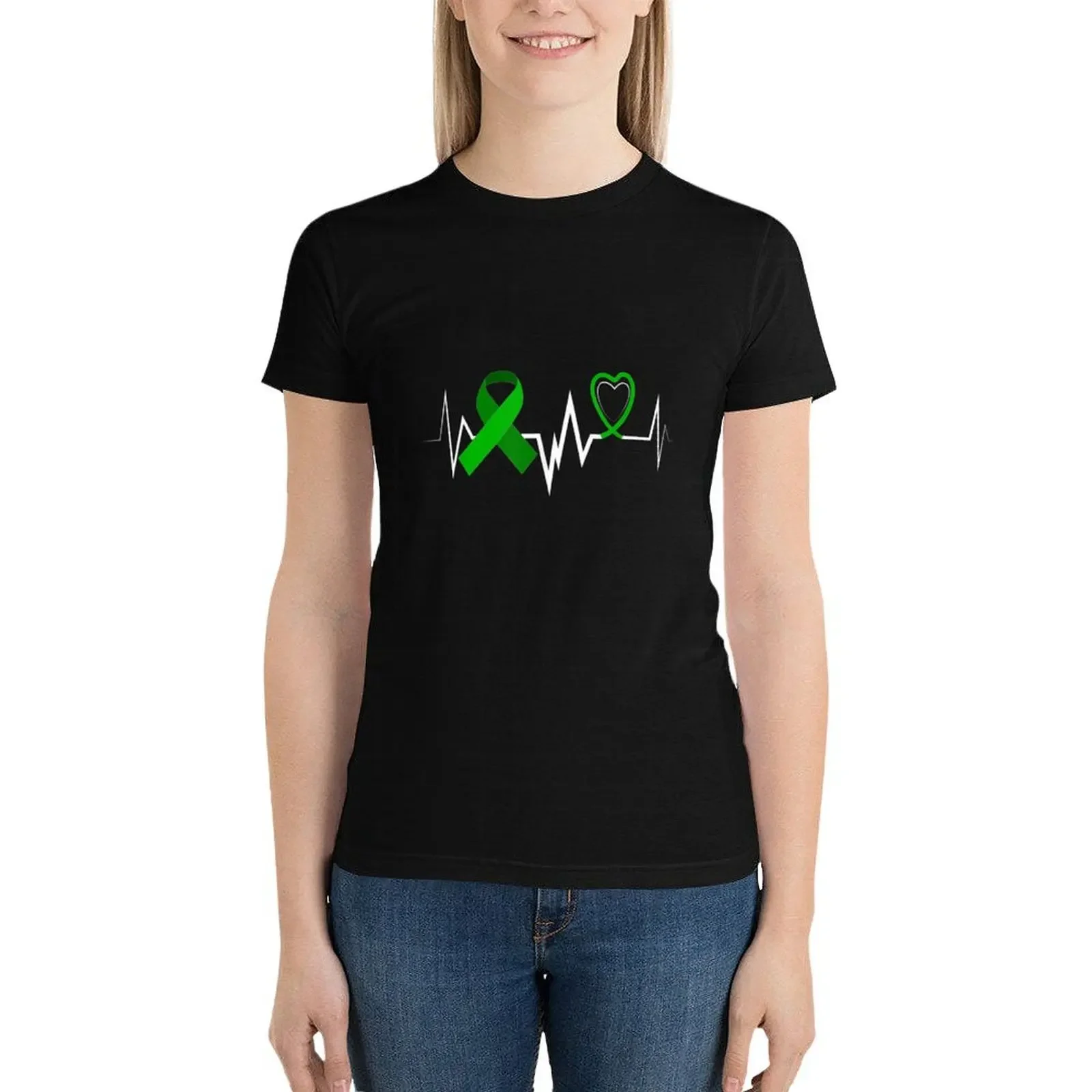 Heartbeat Green Ribbon Kidney Disease Awareness T-Shirt korean fashion funny T-shirts for Women