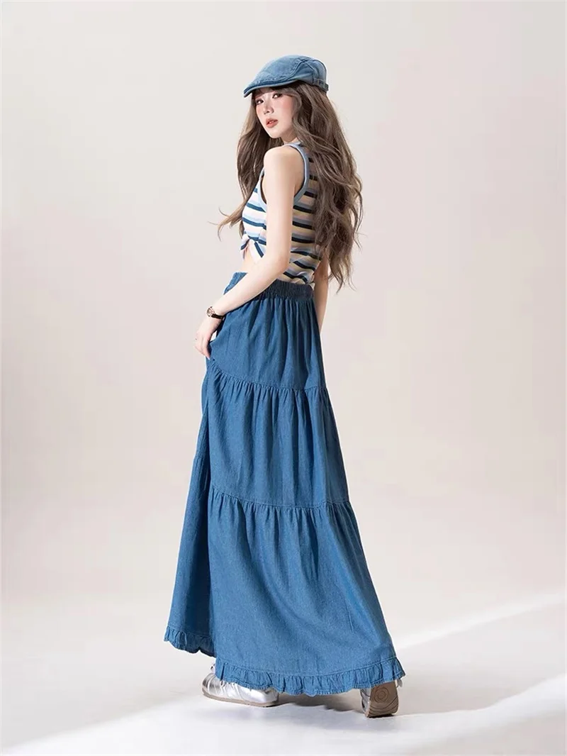Women's Half Body Skirt Fashion Street Spring Summer Ruffled Denim Skirts High-waist Retro A-line Long Skirt