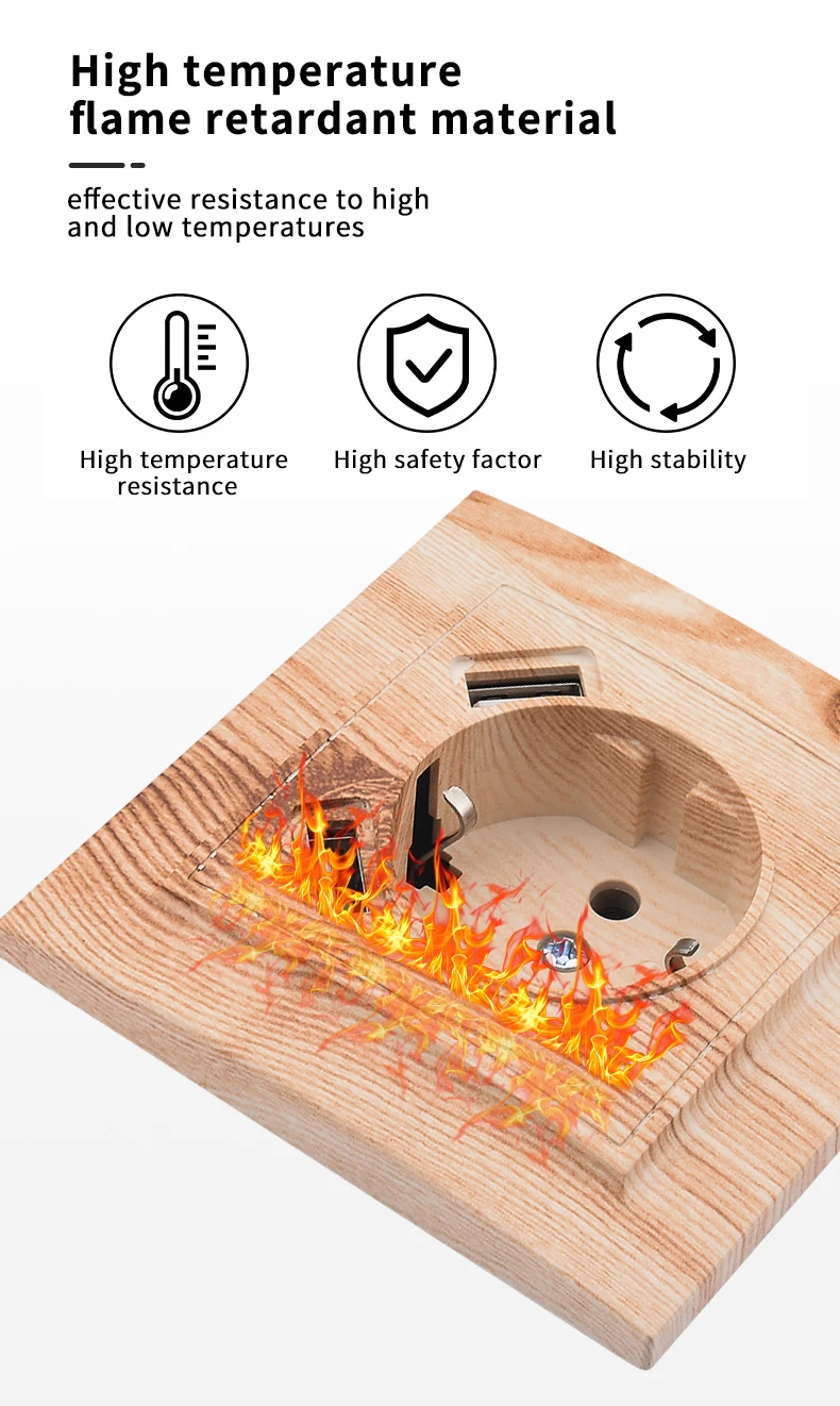 Flammhemmender EU-Standard aus Holz mit Erdungsfarbe, klassische USB-Steckdosen aus Kunststoff, 250 V, eingebettete Wandsteckdosen, 250 V – Detail 7