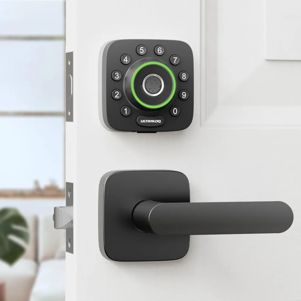 

u-bolt pro wifi smart lock with handle, fingerprint smart front door lock set with sensor, keyless entry deadbolt with 2 lever