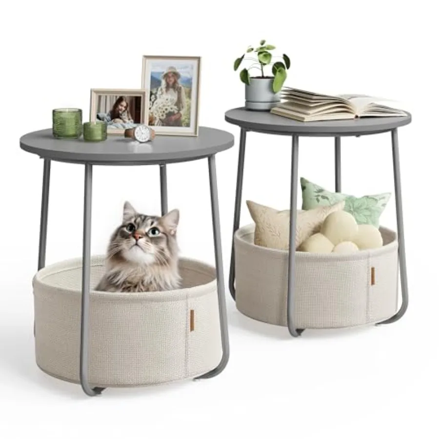 

Прикроватные тумбочки (комплект из 2 шт.) – маленькие круглые приставные столики с тканевыми корзинами для спальни, цементно-серый и кремово-белый цвета, ULCT