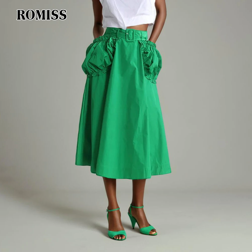 

ROMISS Patchwork Zipper Vintage Skirts For Women High Waist Spliced Ruffels Pocket Casual Midi Skirt Female Summer Clothes New