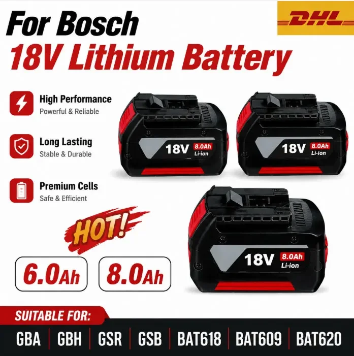 Image of 6Ah/8Ah 18V 18650 Ersatz-Lithium-Ionen-Akku Kompatibel mit Bosch BAT609 BAT610 BAT618 BAT619 GBA18V GSR18V Akku-Werkzeugen Polen-Lager
