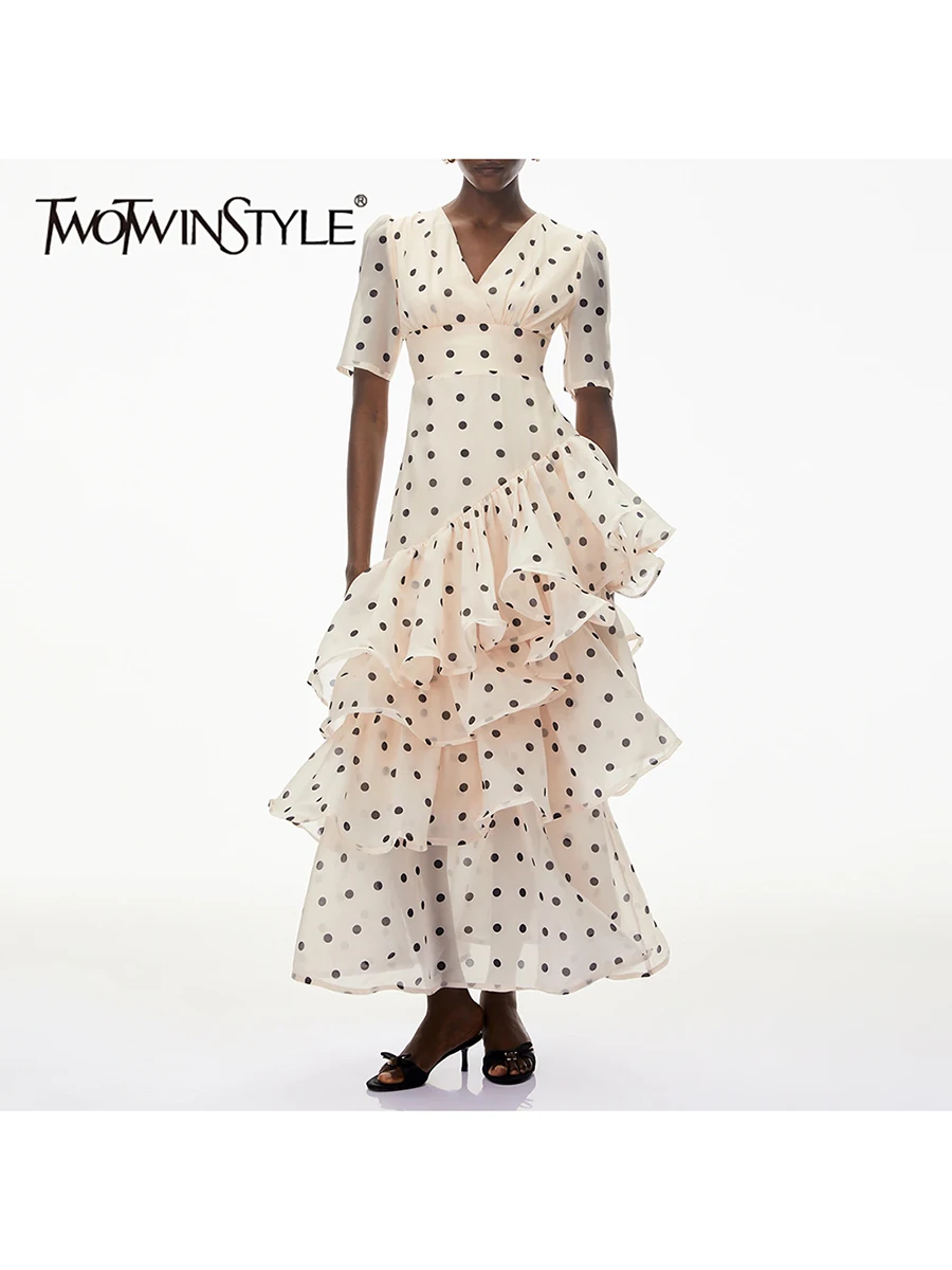 

TWOTWINSTYLE Hit Color Dot Dresses for Women V Neck Short Sleeve High Waist Irregular Tierred Long Dress Female Fashion Clothing