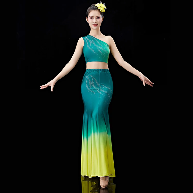 Women National Dance Dress Fish Tail Leotard Skirt +Top Suit Peacock Traditional Dai Dance Costumes Stage Performance Dancewear