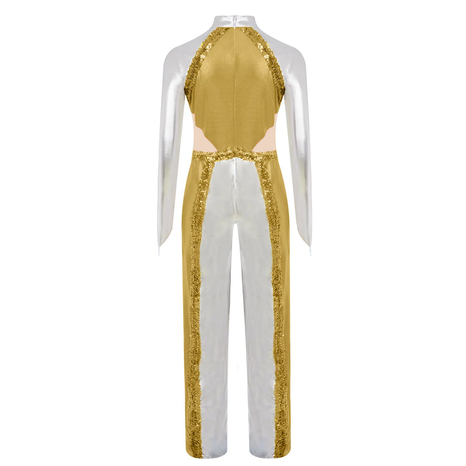 بدلة رقص ليتورجيكال للفتيات الصغيرات بذلة معدنية لامعة ترتر كتلة ألوان بأكمام طويلة شبكية مرقعة بدلة كنيسة