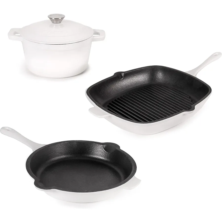 

Neo 4Pc Enameled Cast Iron Cookware Set Grill Pan 11 inches Fry Pan 10 inches 3qt. Dutch Oven Matching Lid Fast Evenly Heat Ove